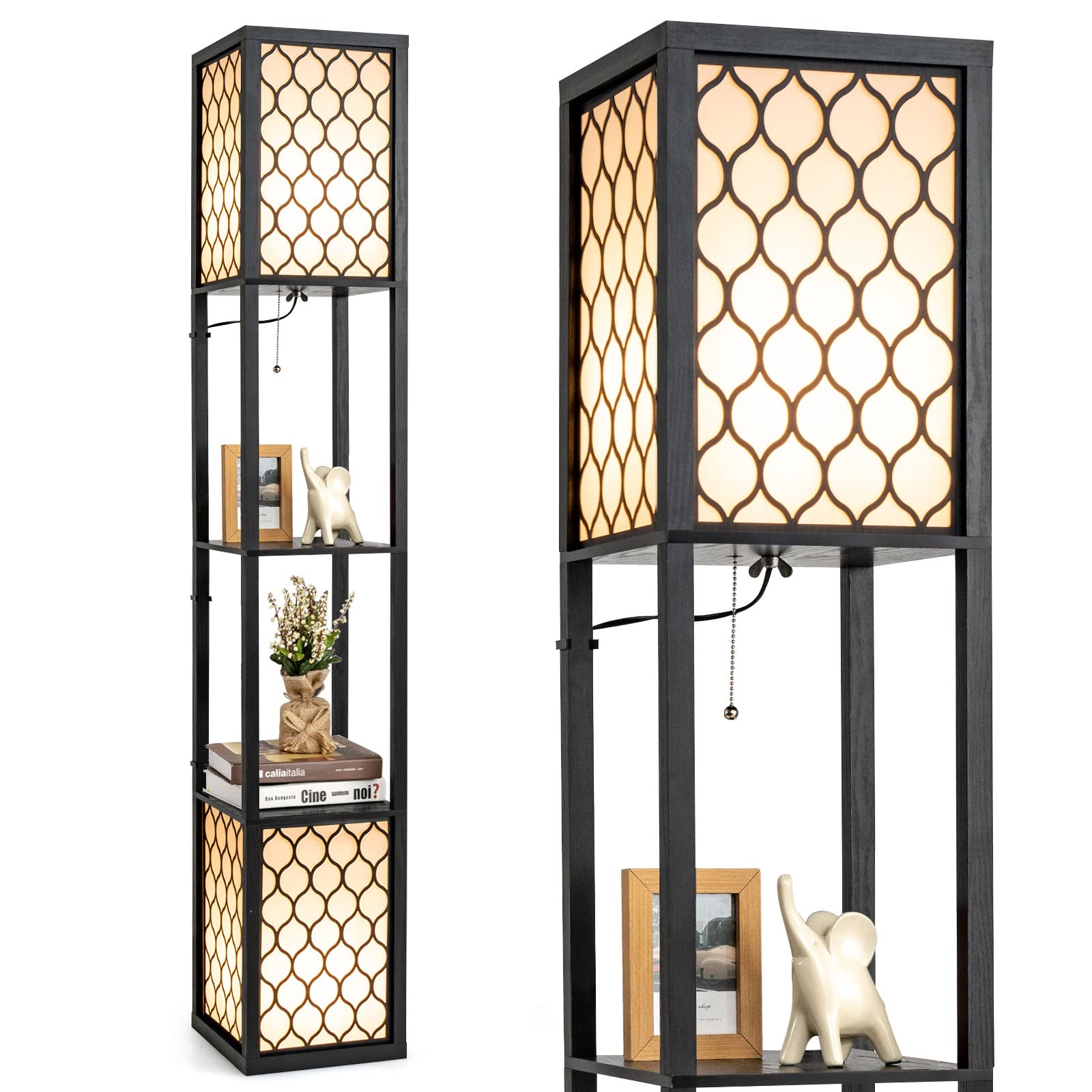 Freestanding Double Lamp w/ 2-Tier Wood Shelf & White Lampshade, E26 Bulb Base, Pull Chain & Foot Switch